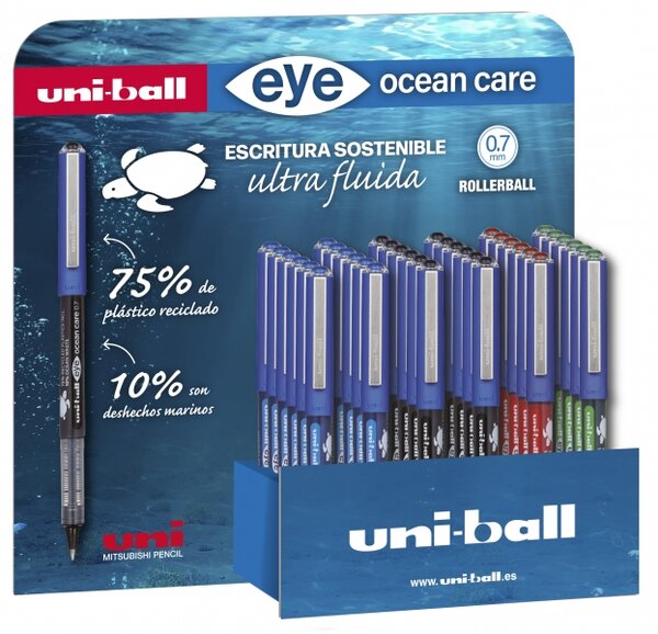 LOT de 36 Uni-ball Eye Ocean Care UB-1570ROP Présentoir de 36 stylos à encre liquide - Pointe bille 0 7 mm - Course 0 5 mm - Encre pigmentée résistante à l'eau et à la lumière - Couleurs assorties