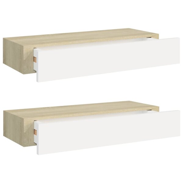 vidaXL Étagères à tiroir murales 2 Pièces Chêne et blanc 60x23 5x10cm MDF