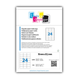 Lot de 500 planches a4 de 24 étiquettes à bords vifs 70 x 37 1 mm en papier blanc 70g/m² multifonction