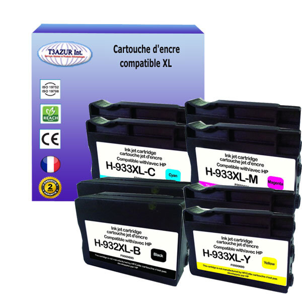 8 Cartouches compatibles avec HP OfficeJet 7512 Wide Format, 7610e, 7612 remplace HHP 932XL, HP 933XL  (Noire+Couleur)- T3AZUR