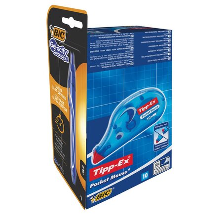 Roller de correction Tipp-Ex Pocket Mouse 4,2mm x 10m Bleu translucide - Pack de 10 rollers + 1 stylo Gel-ocity Quick Dry OFFERT (paquet 11 unités)