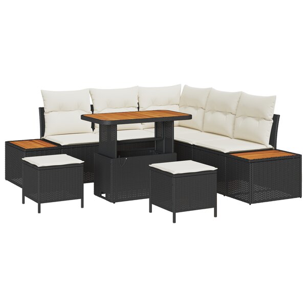 Ensemble de canapé de jardin de 8 pièces avec coussins noir poly rotin acacia