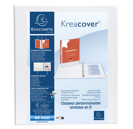 Classeur Pp Personnalisable Kreacover - 2 Anneaux En D 15mm - A4 Maxi - Blanc - X 10 - Exacompta