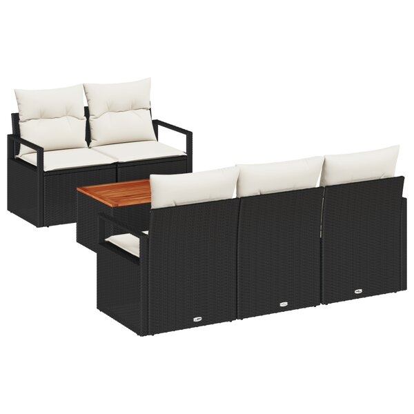 Ensemble de canapé de jardin 6 pièces avec coussins noir poly rotin acacia