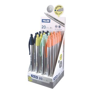 Milan P1 Silver Présentoir de 20 stylos à bille rétractables - Stylo bille 1 mm - Corps argenté avec clip de couleurs assorties - Couleur d'encre bleue