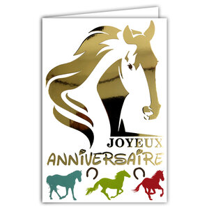 69-7101 Carte Joyeux ANNIVERSAIRE Tête de Cheval en Or Doré Brillant et Enveloppe 12x17 5cm Fer à Cheval Porte-Bonheur équitation hippisme club hippique équestre étalon Jument Poulain Poney écurie box