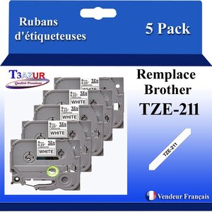 5x Rubans d'étiqueteuses compatibles avec Brother Tze211 Tze-211 pour étiqueteuses P-touch - Texte noir sur fond blanc - Largeur 6 mm x 8 mètres - T3AZUR