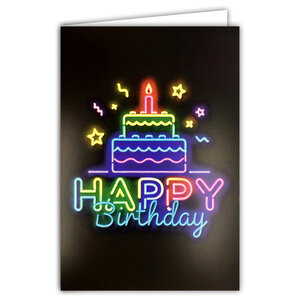 Carte FLUO Texte NÉON Happy Birthday Gâteau Bougie avec Enveloppe 12x17 5cm