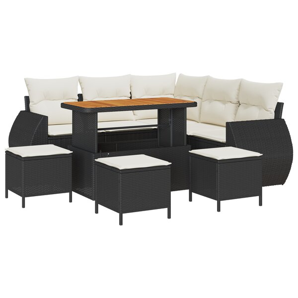 Canapé de jardin 9 pièces avec coussins noirs poly rotin acacia