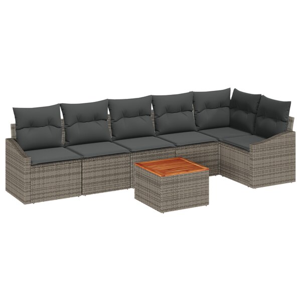 vidaXL Set de canapé de jardin 7 pièces avec coussins gris poly rotin acacia