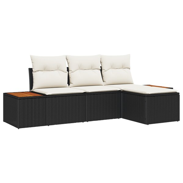 Ensemble de canapé de jardin 4 pièces avec coussins Rotin Poly Noir Acacia