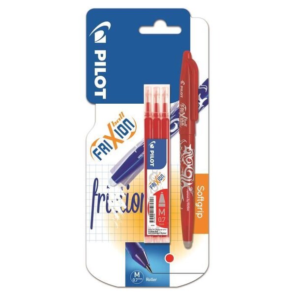 PILOT FriXion Ball sous blister - Pointe moyenne - Avec étui de 3 recharges rouge