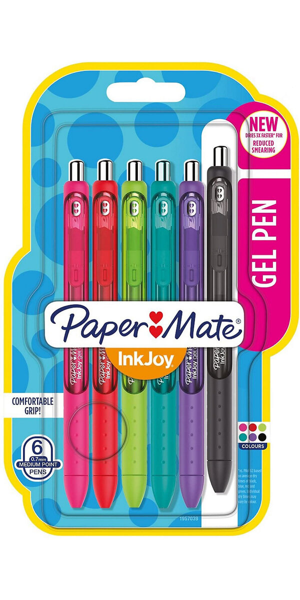 Paper mate inkjoy gel - 6 stylos à encre gel rétractable - assortiment de  couleurs - pointe moyenne 0.7mm - sous blister