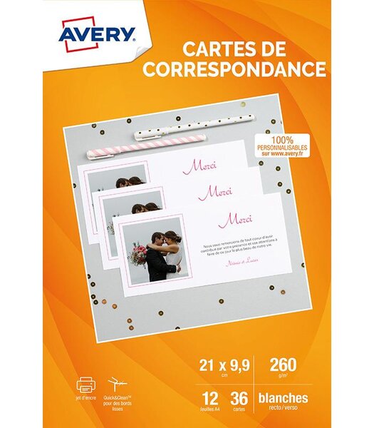 36 cartes de correspondance blanches personnalisables à bords lisses 210x99mm AVERY
