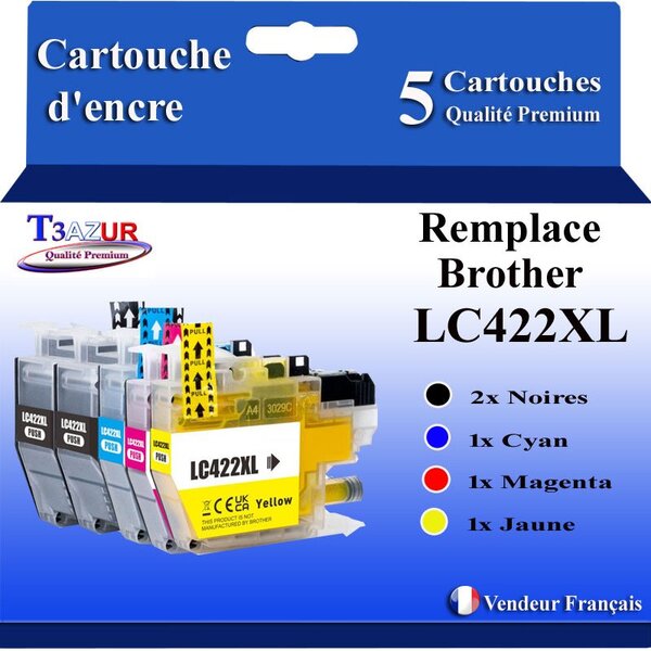 T3AZUR- Lot de 5 Cartouches compatibles avec Brother LC422 XL pour Brother MFC-J6590DW MFC-J6940DW