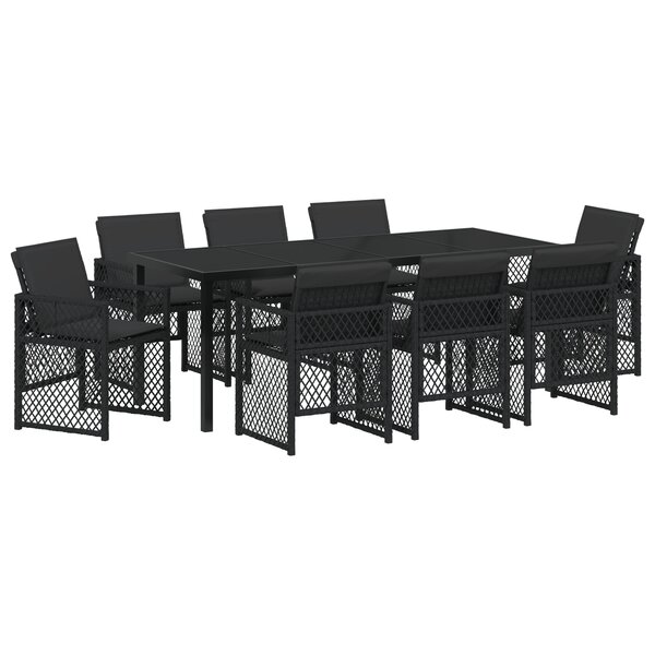 Ensemble de salle à manger de jardin de 9 pièces avec coussins en poly rotin noir