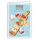 Carte Joyeux Anniversaire avec Enveloppe - Affichette Mini Posters Format 17x11 5cm - Apéro Pique-nique Amis Boire Verres de Vin Planche Saucisson Fromage Bruschetta Toasts Rétro Vintage