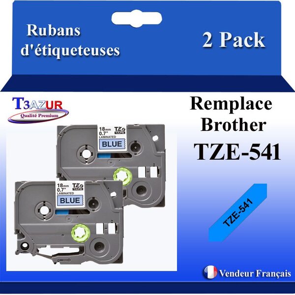 2x Rubans d'étiqueteuses compatibles avec Brother Tze541 Tze-541 pour étiqueteuses P-touch - Texte noir sur fond bleu - T3AZUR
