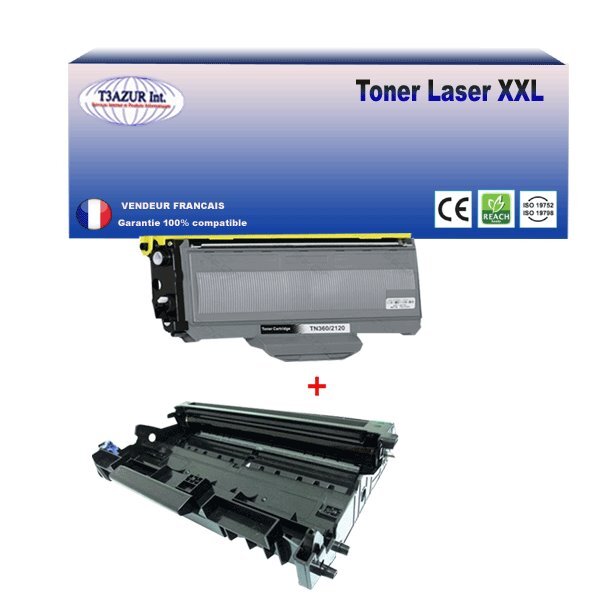 Kit Tambour+Toner compatibles avec Brother TN2120, DR2100 pour Brother DCP-7030, DCP-7040, DCP-7045N, DCP-7048W - 2 600 pages - T3AZUR