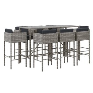 vidaXL Ensemble de bar de jardin 9 Pièces avec coussins gris poly rotin