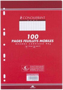 Etui 50 feuillets mobiles (100 pages) A4 210 x 297 grands carreaux 90 gr CONQUÉRANT SEPT