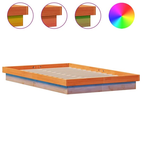 vidaXL Cadre de lit à LED cire marron 135x190 cm bois de pin massif