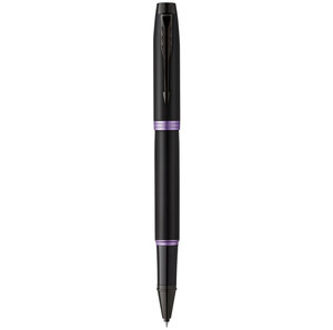 Stylo roller Parker IM Vibrant Rings  Satin noir laqué  attributs violet améthyste  recharge noire pointe fine  Coffret cadeau