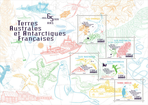 Bloc 5 timbres TAAF - Les TAAF ont 65 ans