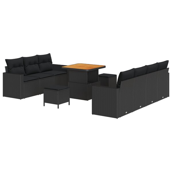 Canapé de Jardin de 10 Pièces avec Coussins en Rotin Noir Poly