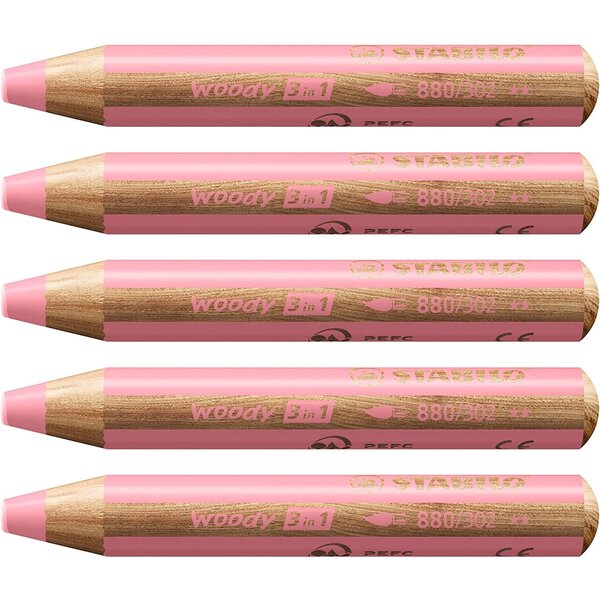 Crayon multi-talents woody 3en1  rond  rose pastel x 5 stabilo