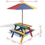 vidaXL Table et bancs de pique-nique avec parasol pour enfants Bois