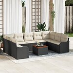 Canapé jardin 10 pièces avec coussins noir poly rotin