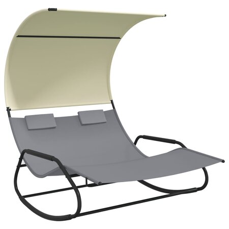 vidaXL Chaise longue double à bascule avec auvent Gris et crème