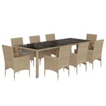 vidaXL Ensemble à manger de jardin et coussins 9 Pièces beige rotin verre