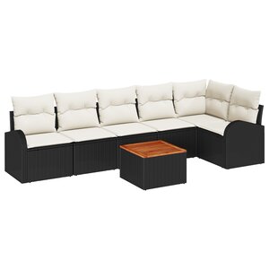 Ensemble de Canapé de Jardin de 7 Pièces avec Coussins Noir Poly Rattan Acacia