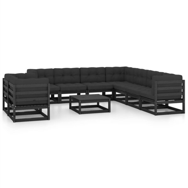 Salon de jardin meuble d'extérieur ensemble de mobilier 10 pièces avec coussins noir bois de pin massif 02_0015105
