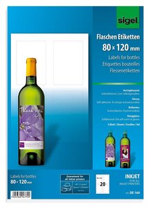 Paquet de 20 etiquettes jet d'encre pour bouteilles 80 x 120 mm 85 g blanc brillant sigel