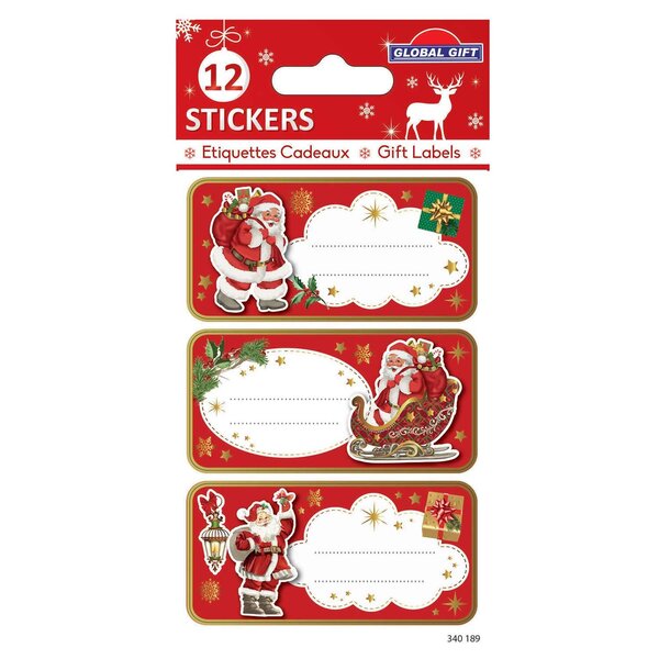 12 étiquettes adhésives de Noël - Père Noël vintage avec dorures
