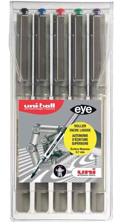 Etui de 5 Rollers encre liquide EYE UB157/5 Pte Moy. 0,7mm Assorti UNI-BALL