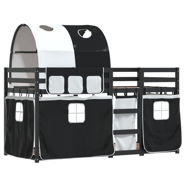 vidaXL Lit superposé avec rideaux blanc/noir 90x200 cm bois pin massif