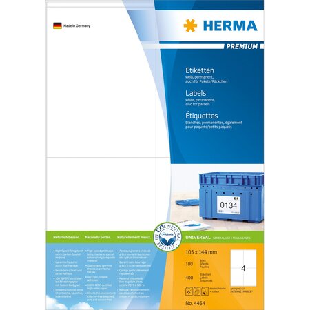 Etiquettes universelles premium, 105 x 144 mm, blanc 400 sur 100 feuilles herma