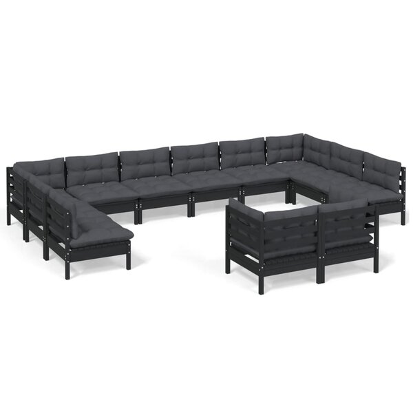 vidaXL Salon de jardin 12 Pièces avec coussins Noir Bois de pin solide
