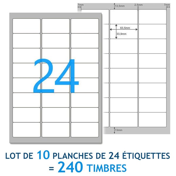 Lot de 10 planches a4 de 24 étiquettes spéciales timbre - 6,35 x 3,39 cm - 240 étiquettes