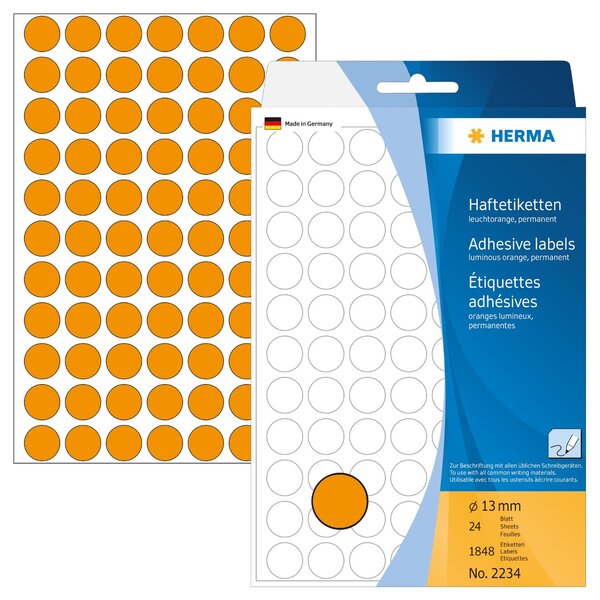 Etui de 1848 étiquettes multi-usage diam13 mm orange fluo herma