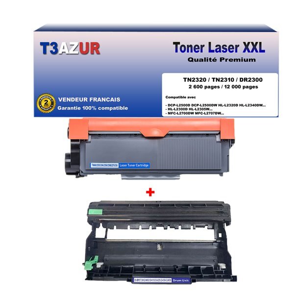 Kit Tambour+Toner compatibles avec Brother TN2320  DR2300 pour Brother HL L2360DN  L2365DW  L2300D  L2340DW - 2 600 pages - T3AZUR