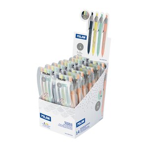 Milan P1 Silver Présentoir de 14 Paquets de 4 Stylos Bille Rétractable - Pointe Ronde 1mm - Rubber Touch - Couleurs Assorties
