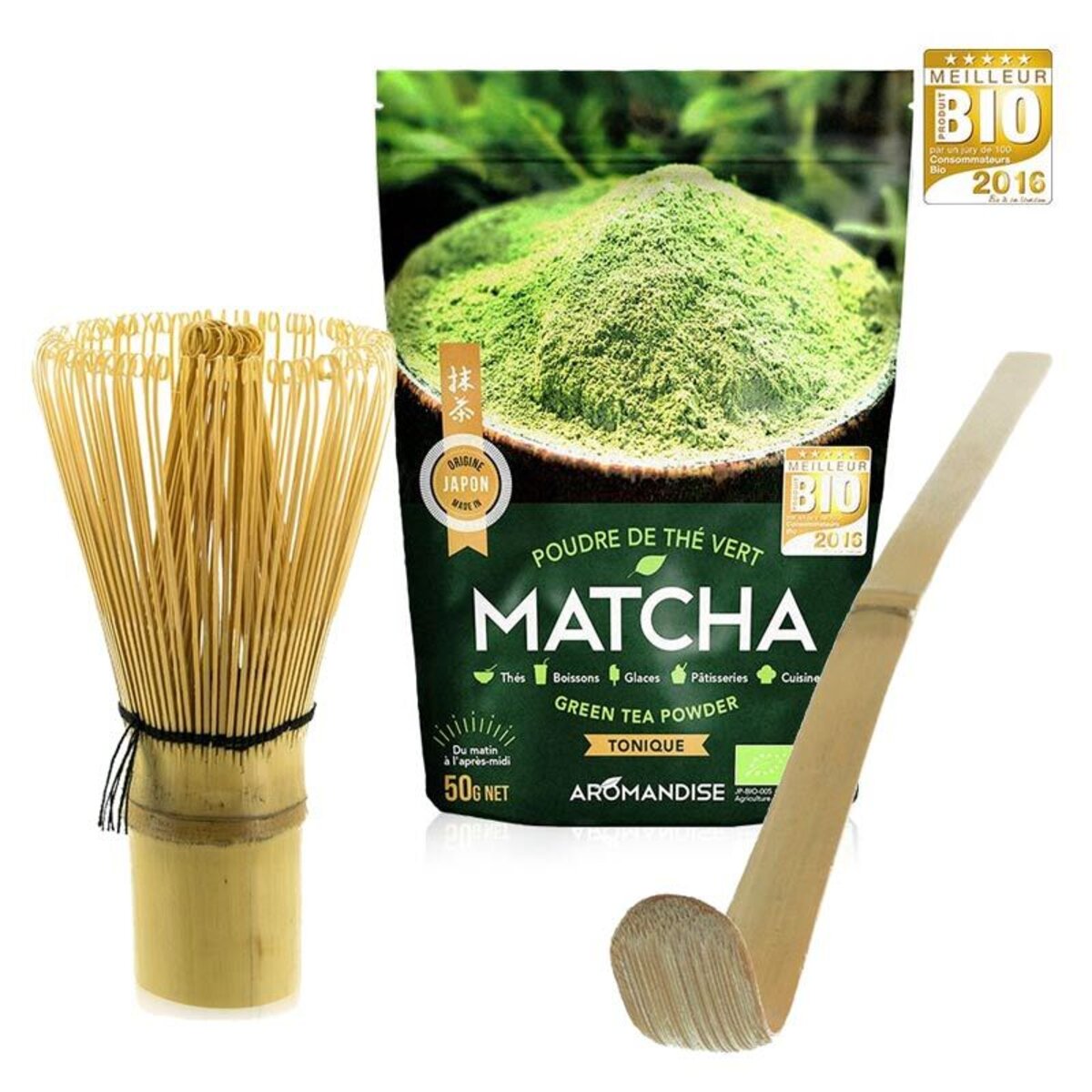 Matcha Whisk Set - Fouet Matcha, Cuillère Traditionnelle, Cuillère à Thé.  Fait à la main à partir de bambou naturel