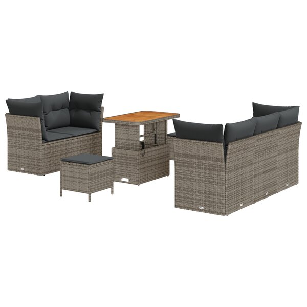 Set de canapé de jardin de 8 pièces avec coussins gris poly rotin acacia