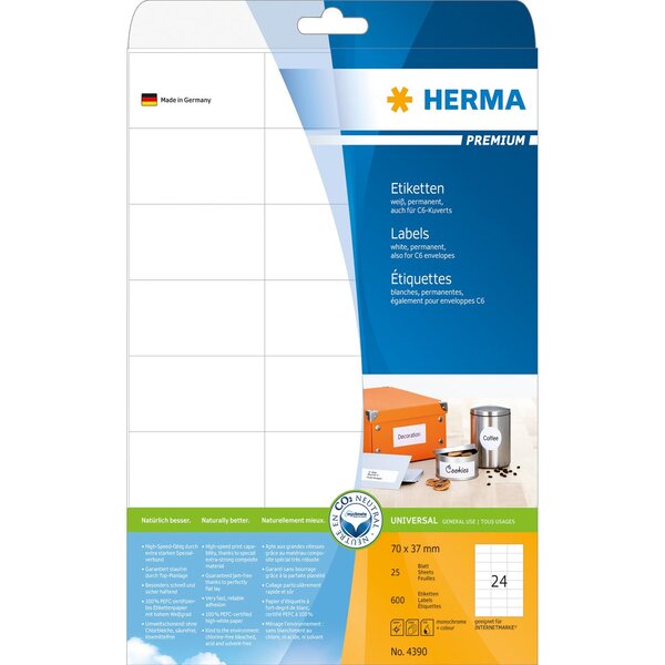 Pochettes 600 etiquettes premium 70 x 37 mm sur 25 feuilles a4 blanc herma