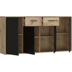 Buffet Particules mélaminé - chêne et noir - 4 portes + 2 tiroirs - 162 3 x 34 2 x 81 7 cm